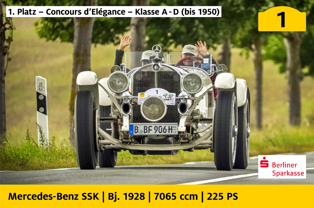 1. Platz, Concours d’Elégance, Klasse A bis D (bis 1950), gesponsert von der Berliner Sparkasse: Mercedes-Benz SSK mit der Startnummer 1, Baujahr 1928, 7065 ccm, 225 PS
