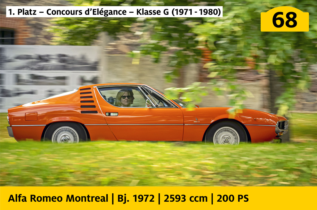 1. Platz, Concours d’Elégance, Klasse G (1971 bis 1980): Alfa Romeo Montreal mit der Startnummer 68, Baujahr 1972, 2593 ccm, 200 PS