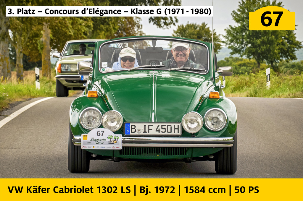 3. Platz, Concours d’Elégance, Klasse G (1971 bis 1980): VW Käfer Cabriolet 1302 LS mit der Startnummer 67, Baujahr 1972, 1584 ccm, 50 PS