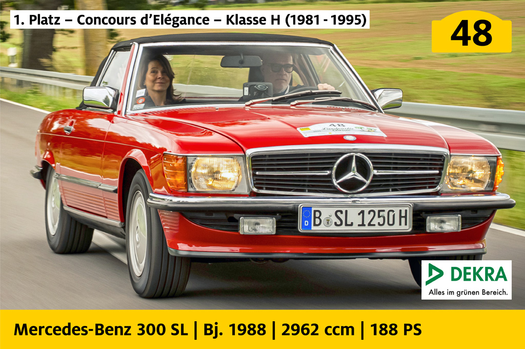 1. Platz, Concours d’Elégance, Klasse H (1981 bis 1995), gesponsert von Dekra: Mercedes-Benz 300 SL mit der Startnummer 48, Baujahr 1988, 2962 ccm, 188 PS