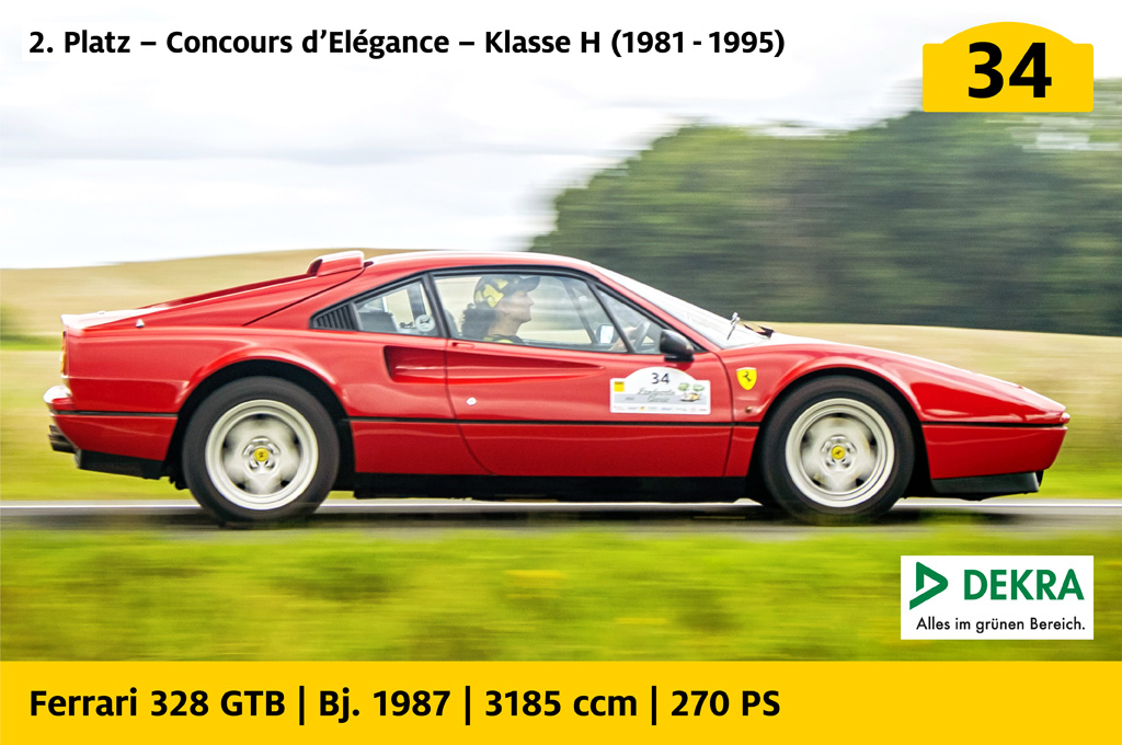 2. Platz, Concours d’Elégance, Klasse H (1981 bis 1995), gesponsert von Dekra: Ferrari 328 GTB mit der Startnummer 34, Baujahr 1987, 3185 ccm, 270 PS