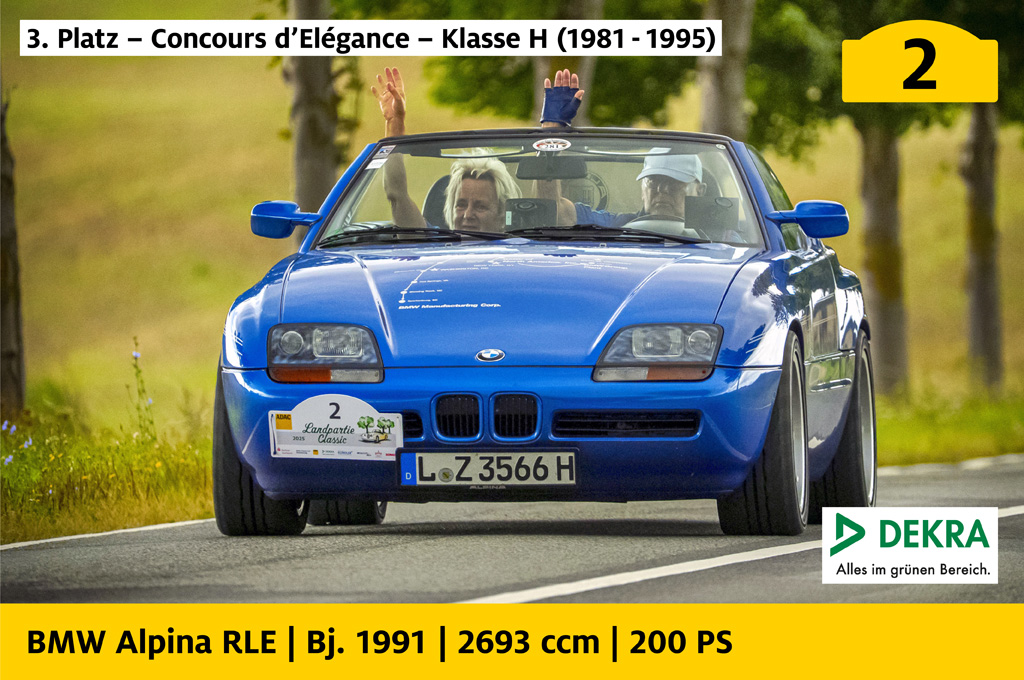 3. Platz, Concours d’Elégance, Klasse H (1981 bis 1995), gesponsert von Dekra: BMW Alpina RLE mit der Startnummer 2, Baujahr 1991, 2693 ccm, 200 PS