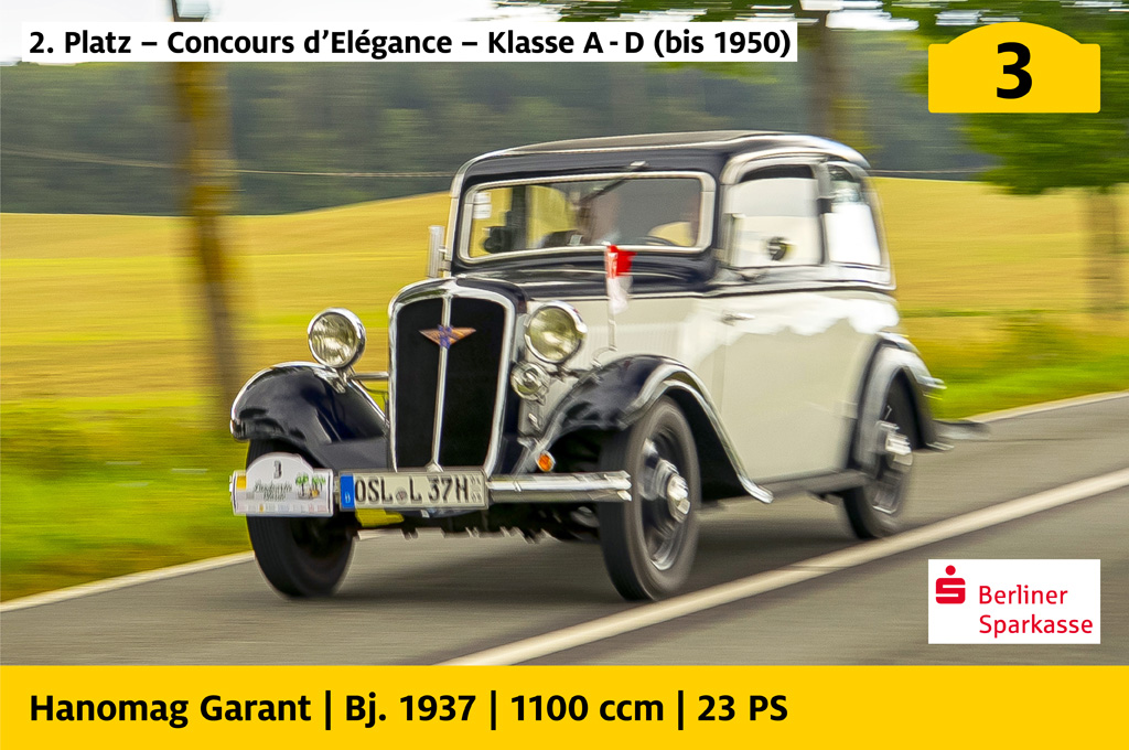 2. Platz, Concours d’Elégance, Klasse A bis D (bis 1950), gesponsert von der Berliner Sparkasse: Hanomag Garant mit der Startnummer 3, Baujahr 1937, 1100 ccm, 23 PS
