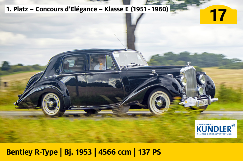 1. Platz, Concours d’Elégance, Klasse E (1951 bis 1960), gesponsert von der David Patrick Kundler Allianz Generalvertretung: Bentley R-Type mit der Startnummer 17, Baujahr 1953, 4566 ccm, 137 PS