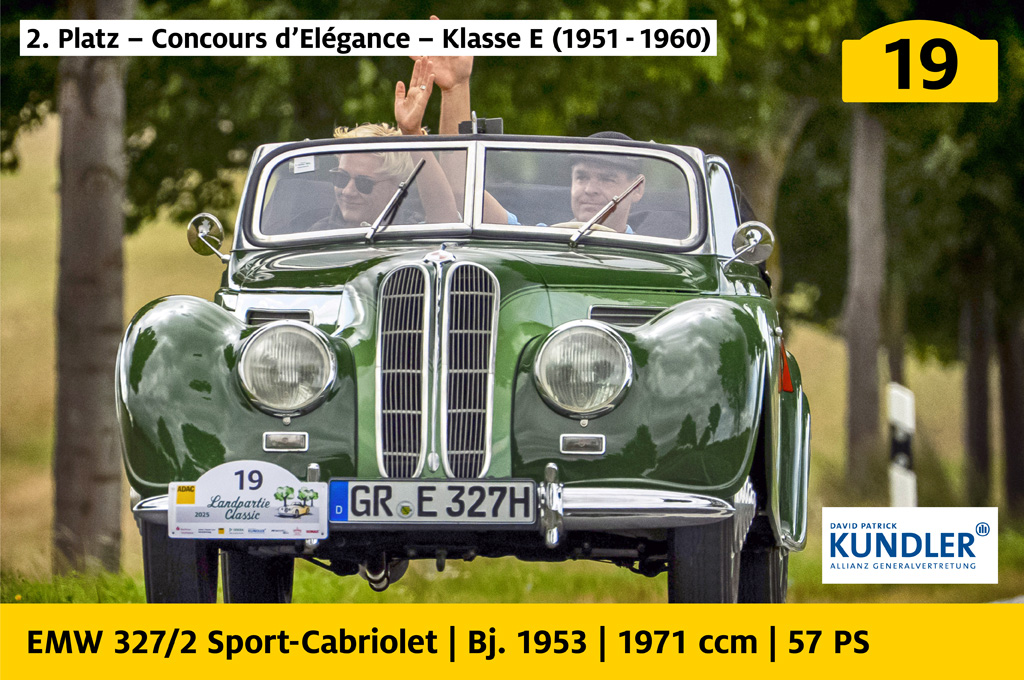 2. Platz, Concours d’Elégance, Klasse E (1951 bis 1960), gesponsert von der David Patrick Kundler Allianz Generalvertretung: EMW 327/2 Sport-Cabriolet mit der Startnummer 19, Baujahr 1953, 1971 ccm, 57 PS