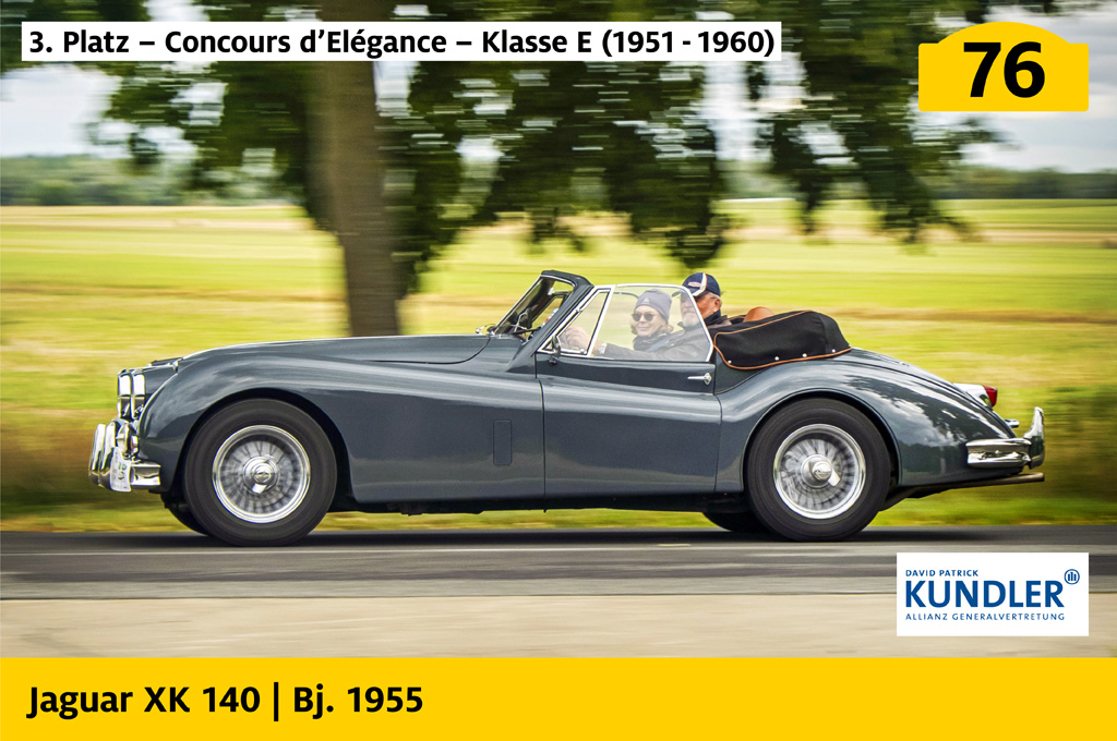 3. Platz, Concours d’Elégance, Klasse E (1951 bis 1960), gesponsert von der David Patrick Kundler Allianz Generalvertretung: Jaguar XK 140 mit der Startnummer 76, Baujahr 1955