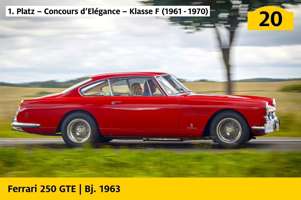 1. Platz, Concours d’Elégance, Klasse F (1961 bis 1970): Ferrari 250 GTE mit der Startnummer 20, Baujahr 1963
