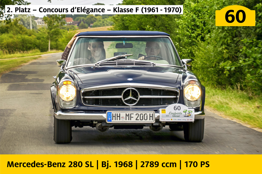 2. Platz, Concours d’Elégance, Klasse F (1961 bis 1970): Mercedes-Benz 280 SL mit der Startnummer 60, Baujahr 1968, 2789 ccm, 170 PS