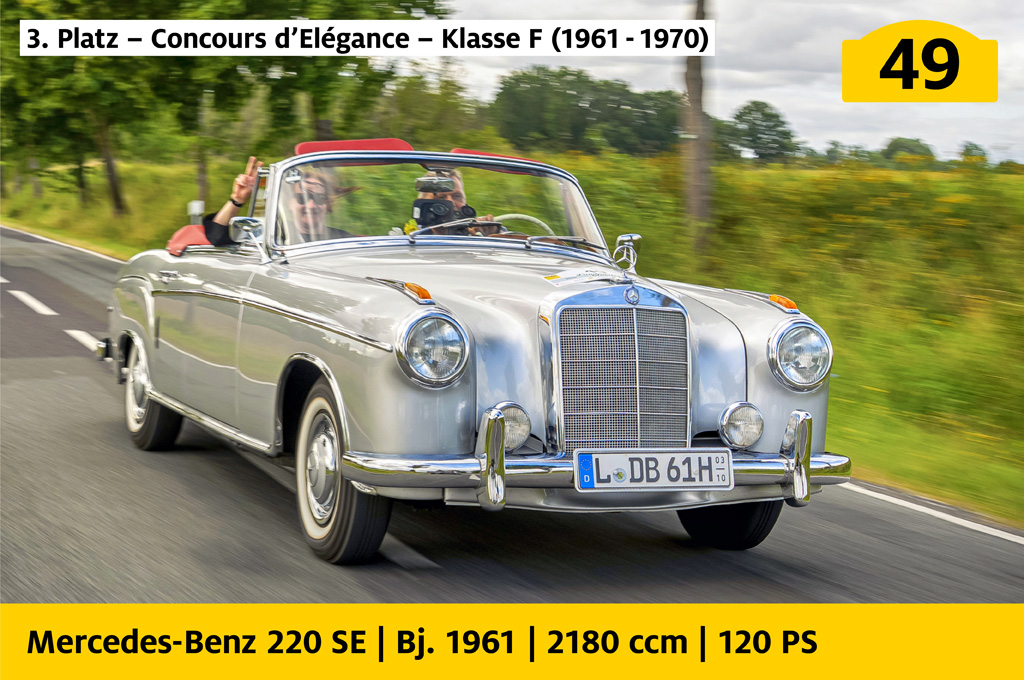 3. Platz, Concours d’Elégance, Klasse F (1961 bis 1970): Mercedes-Benz 220 SE mit der Startnummer 49, Baujahr 1961, 2180 ccm, 120 PS