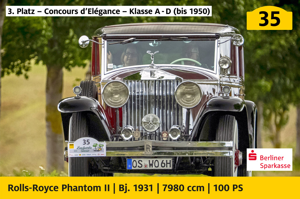 3. Platz, Concours d’Elégance, Klasse A bis D (bis 1950), gesponsert von der Berliner Sparkasse: Rolls-Royce Phantom II mit der Startnummer 35, Baujahr 1931, 7980 ccm, 100 PS