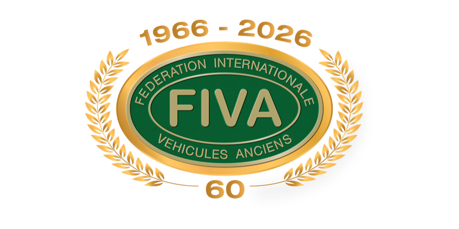 rundes Logo zum 60. Jubiläum der Fiva, der Federation Internationale Vehicules Anciens, mit goldener Schrift auf dunklerem Grün, 1966 bis 2026