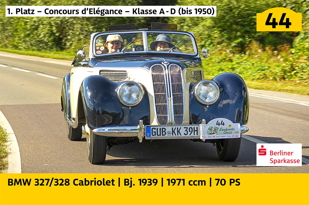 1. Platz – Concours d’Elégance – Klasse A - D (bis 1950): BMW 327/328 Cabriolet mit der Startnummer 44, Baujahr 1939, 1971 ccm, 70 PS