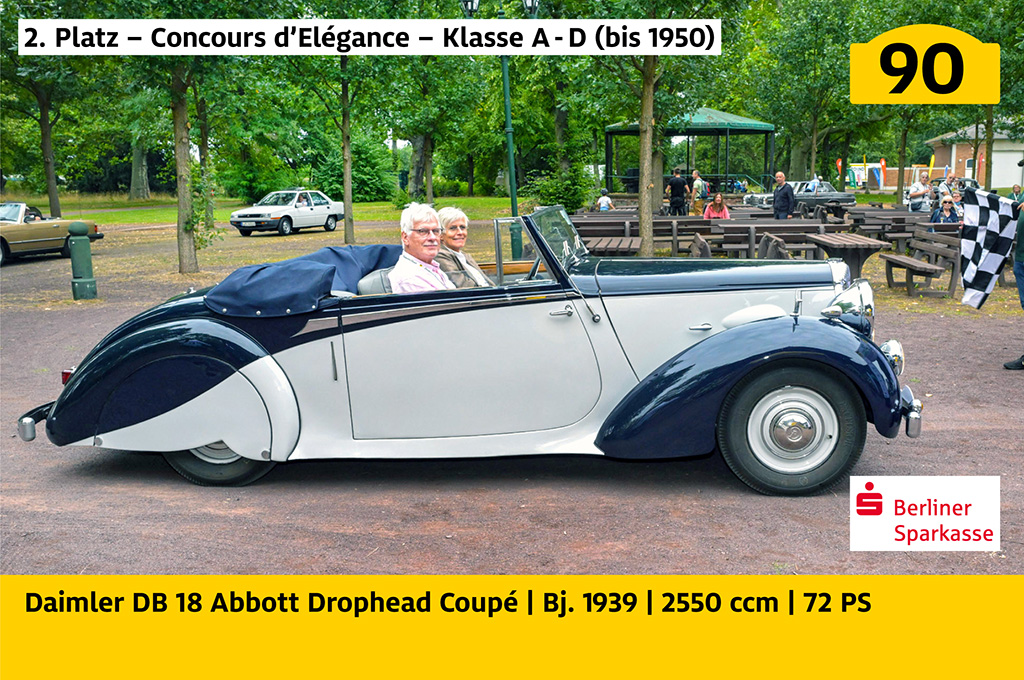 2. Platz – Concours d’Elégance – Klasse A - D (bis 1950): Daimler DB 18 Abbott Drophead Coupé mit der Startnummer 90, Baujahr 1939, 2550 ccm, 72 PS