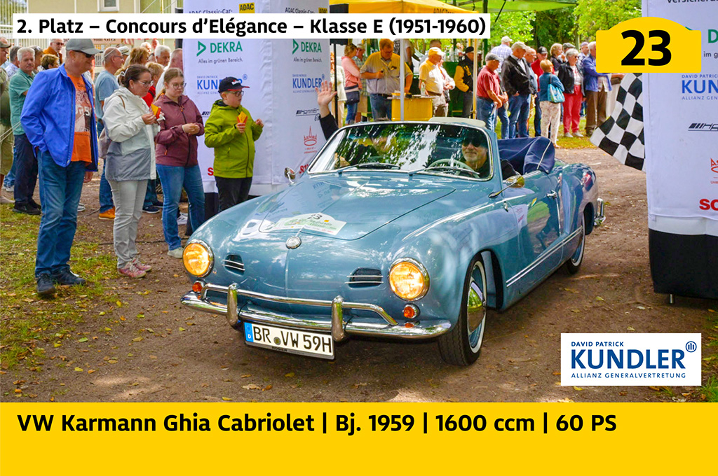 2. Platz – Concours d’Elégance – Klasse E (1951-1960): VW Karmann Ghia Cabriolet mit der Startnummer 23, Baujahr 1959, 1600 ccm, 60 PS
