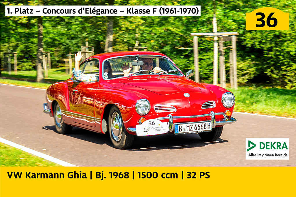 1. Platz – Concours d’Elégance – Klasse F (1961-1970): VW Karmann Ghia mit der Startnummer 36, Baujahr 1968, 1500 ccm, 32 PS