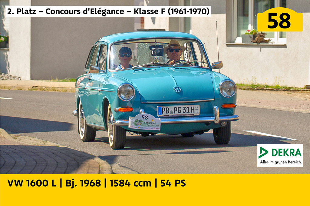 2. Platz – Concours d’Elégance – Klasse F (1961-1970): VW 1600 L mit der Startnummer 58, Baujahr 1968, 1584 ccm, 54 PS