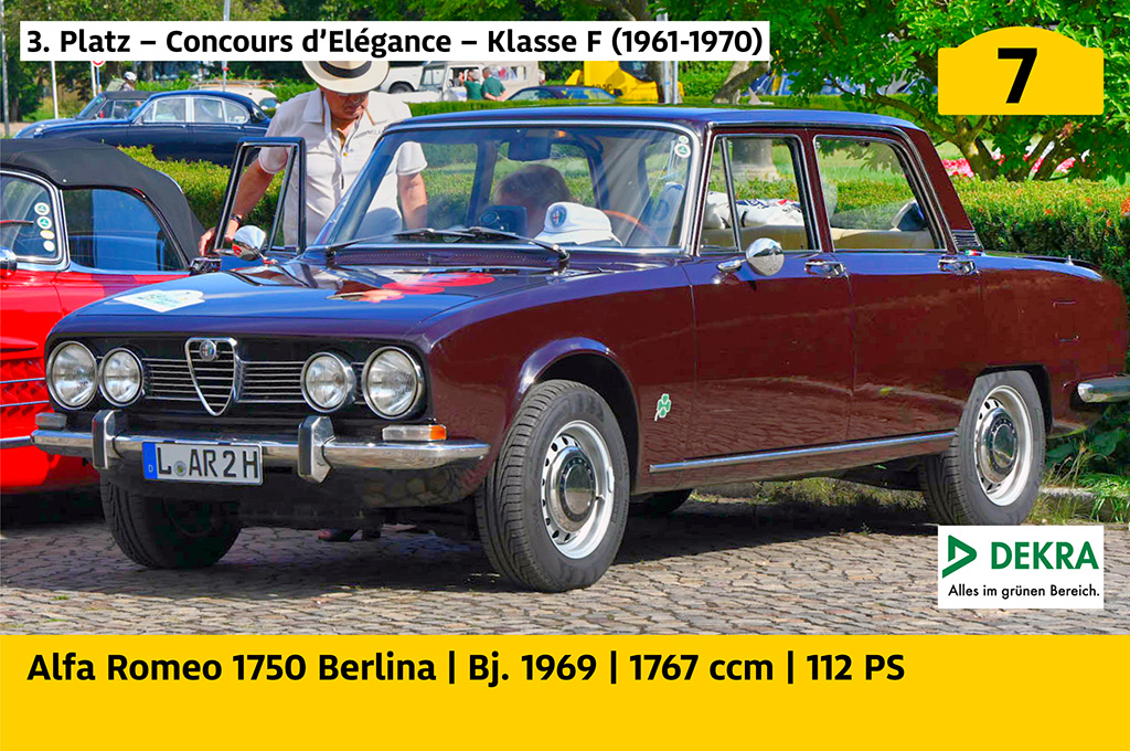 3. Platz – Concours d’Elégance – Klasse F (1961-1970): Alfa Romeo 1750 Berlina mit der Startnummer 7, Baujahr 1969, 1767 ccm, 112 PS