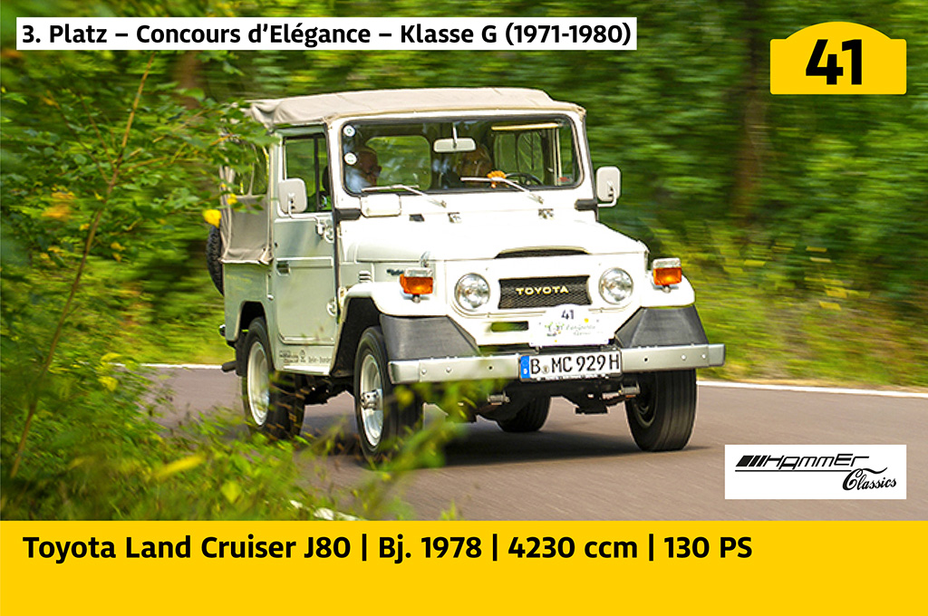 3. Platz – Concours d’Elégance – Klasse G (1971-1980): Toyota Land Cruiser J80 mit der Startnummer 41, Baujahr 1978, 4230 ccm, 130 PS
