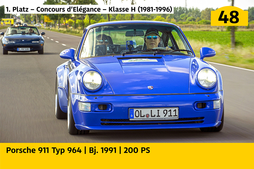 1. Platz – Concours d’Elégance – Klasse H (1981-1996): Porsche 911 Typ 964 mit der Startnummer 48, Baujahr 1991, 200 PS