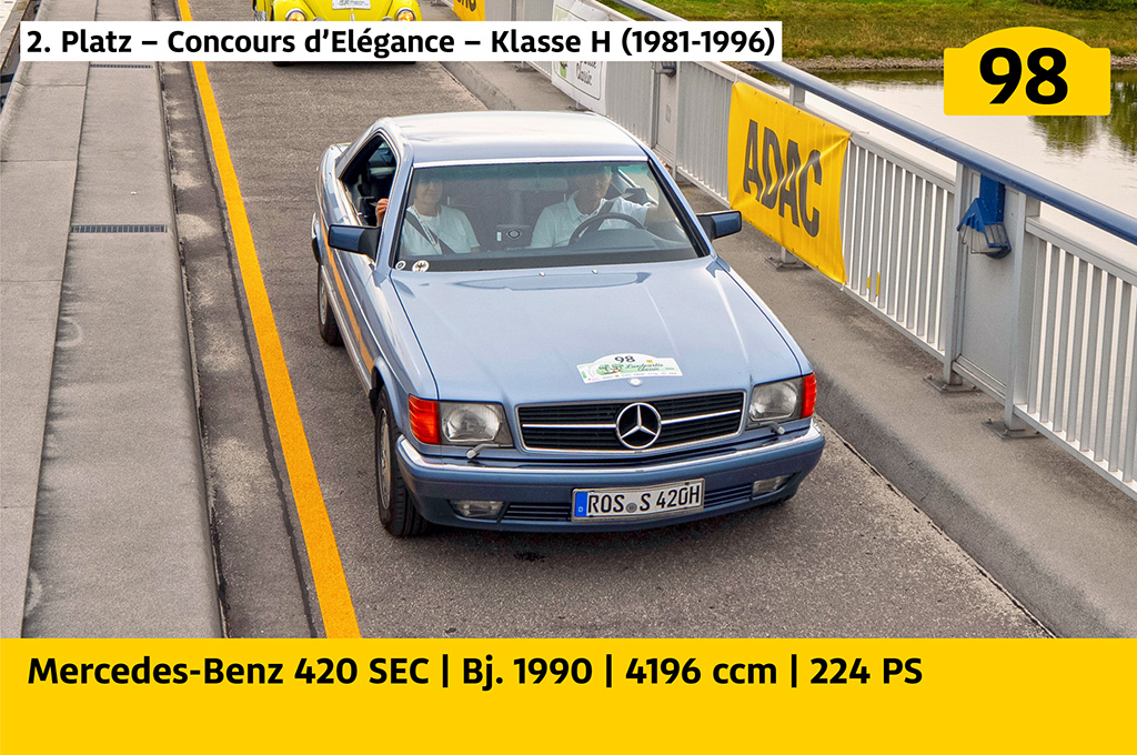 2. Platz – Concours d’Elégance – Klasse H (1981-1996): Mercedes-Benz 420 SEC mit der Startnummer 98, Baujahr 1990, 4196 ccm, 224 PS