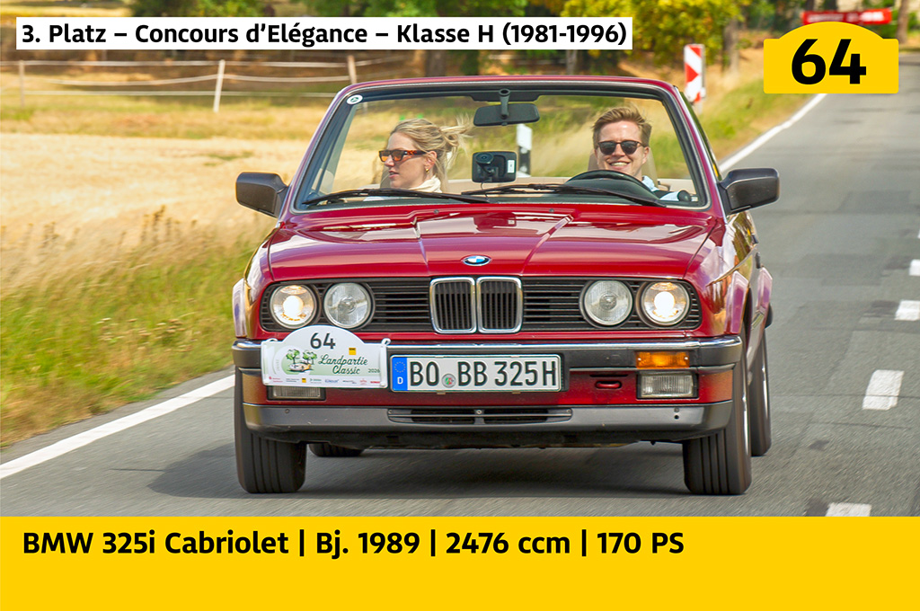 3. Platz – Concours d’Elégance – Klasse H (1981-1996): BMW 325i Cabriolet mit der Startnummer 64, Baujahr 1989, 2476 ccm, 170 PS